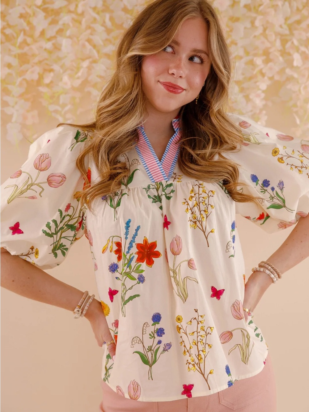 THML Cream Floral V-Neck Puff-Sleeve Tunic